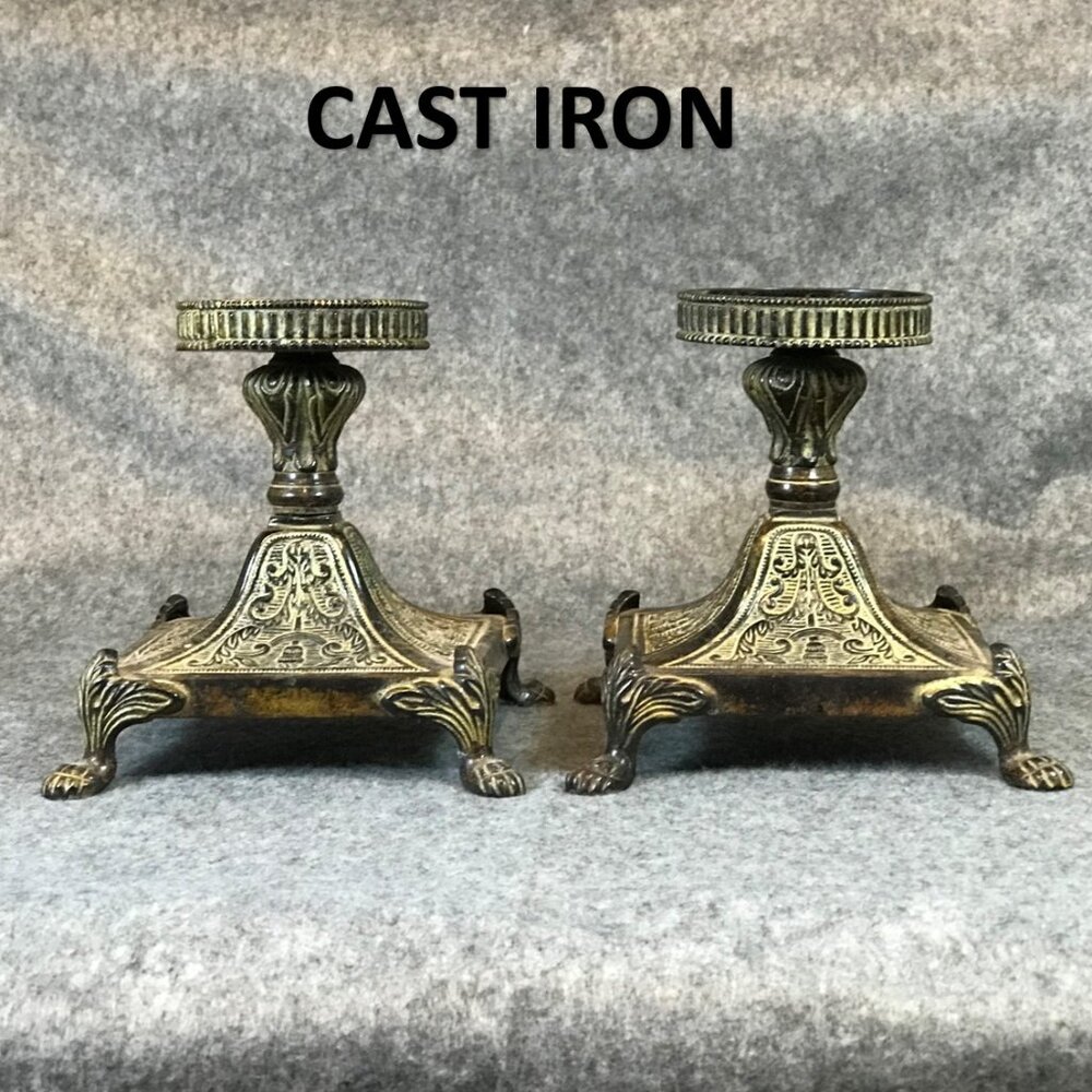 Cast Iron Footed Rustic Distressed Accent Pair of Candle Holders